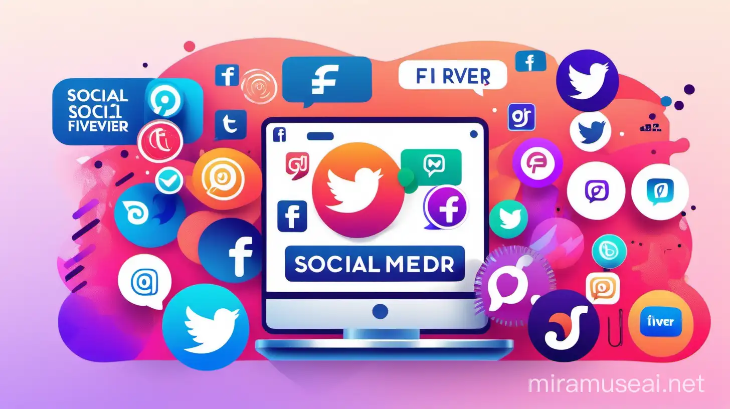  A dynamic Fiverr gig thumbnail for social media services, featuring bold typography in vibrant colors, surrounded by icons representing various social media platforms, with a modern and sleek design, Illustration, digital artwork with clean lines and gradients,