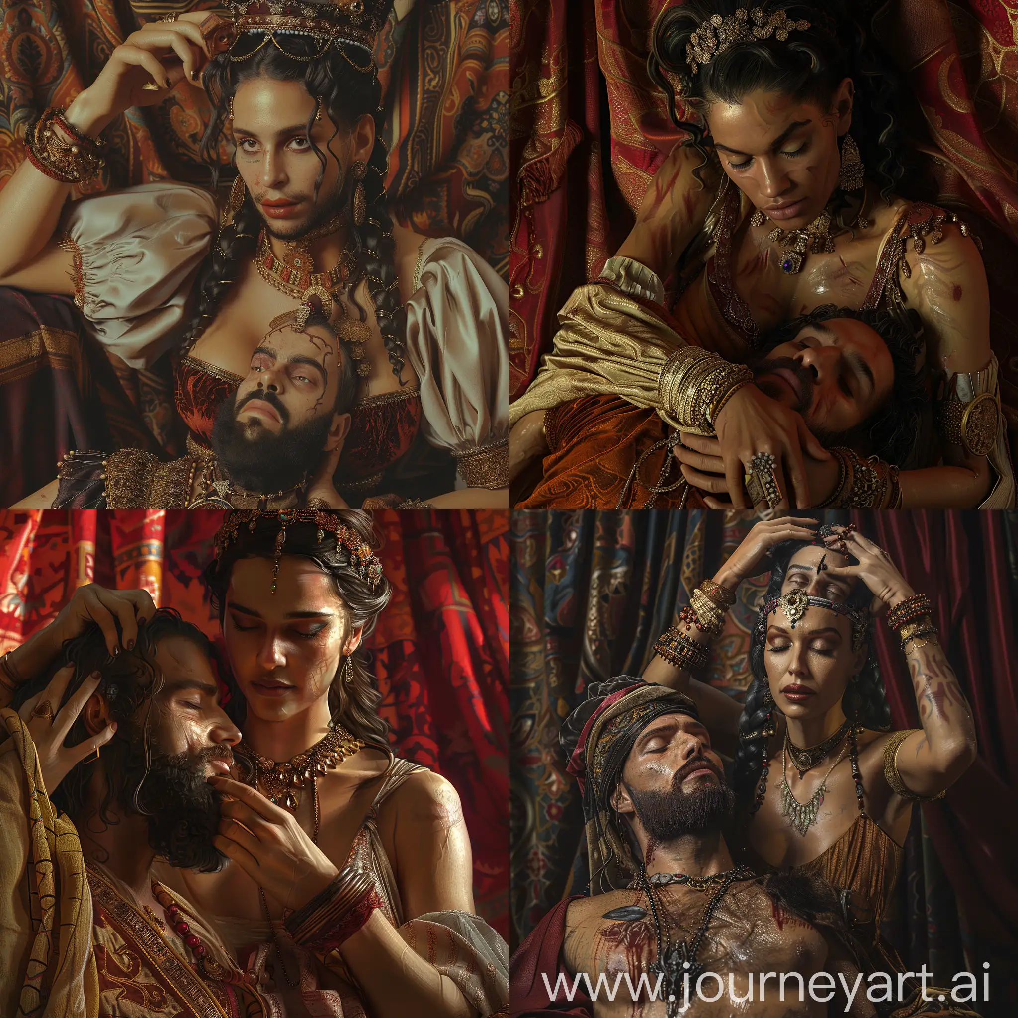 A dramatic and intense illustration of a Massagetae woman holding the head of a deceived Persian king, inspired by Baroque art, dynamic lighting with heavy shadows, detailed fabric textures, historical accuracy, intricate facial expressions, emotional intensity, ornate jewelry, rich colors, realistic rendering --s 150 --ar 1:1 --c 5