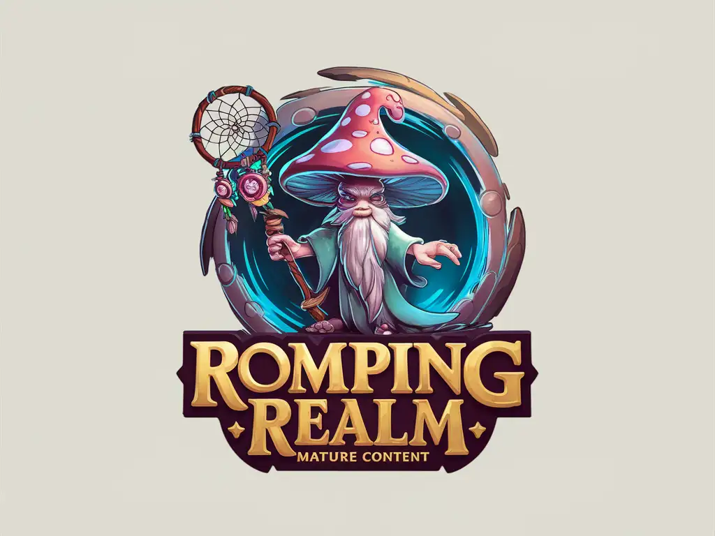 MATURE CONTENT GAME DEV STUDIO LOGO "ROMPING REALM" SHROOM WIZARD, DREAM CATCHER STAFF, PORTAL