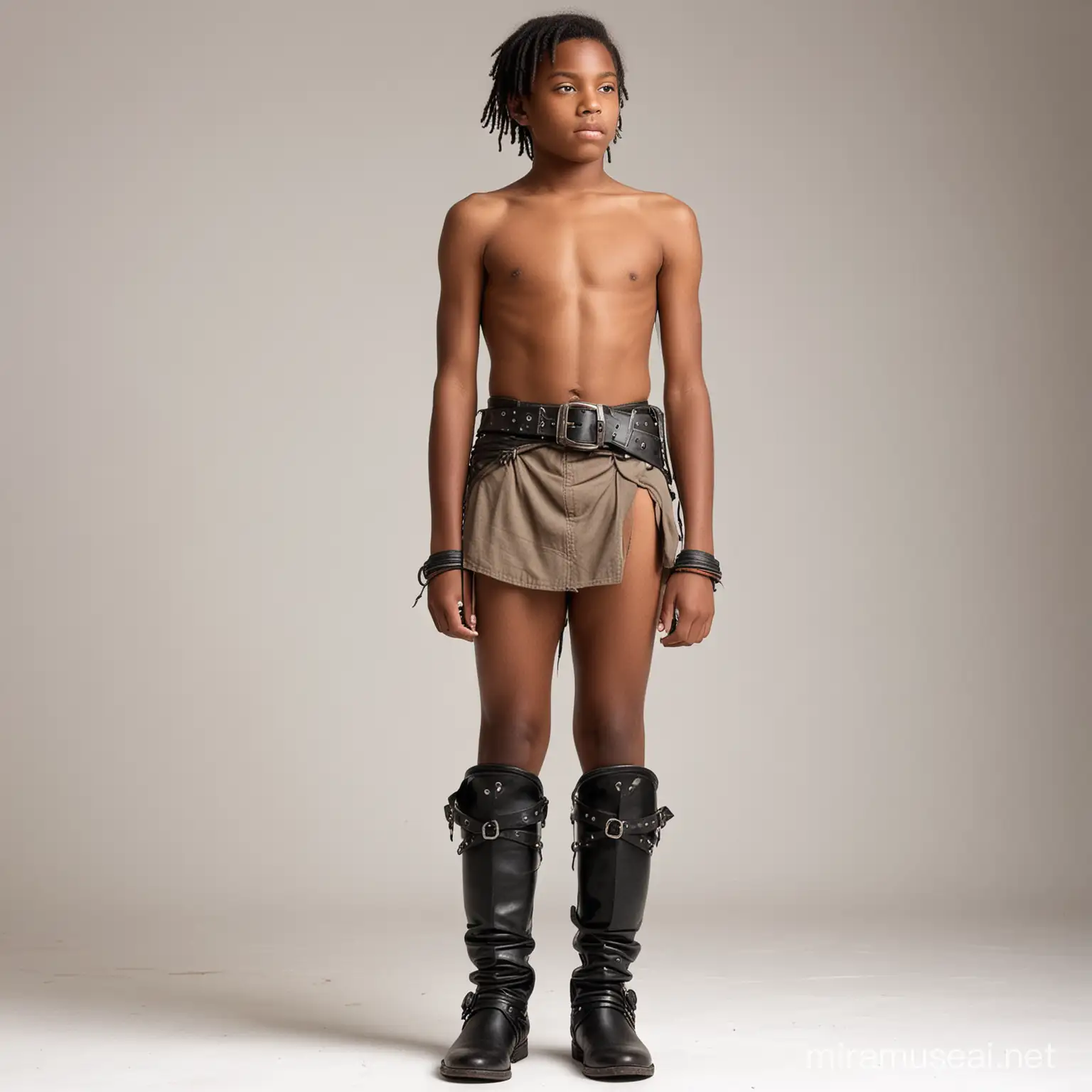 A very young black shirtless teenage boy warrior, wearing a very short loincloth with a big leather belt and boots, seen from behind, white background.