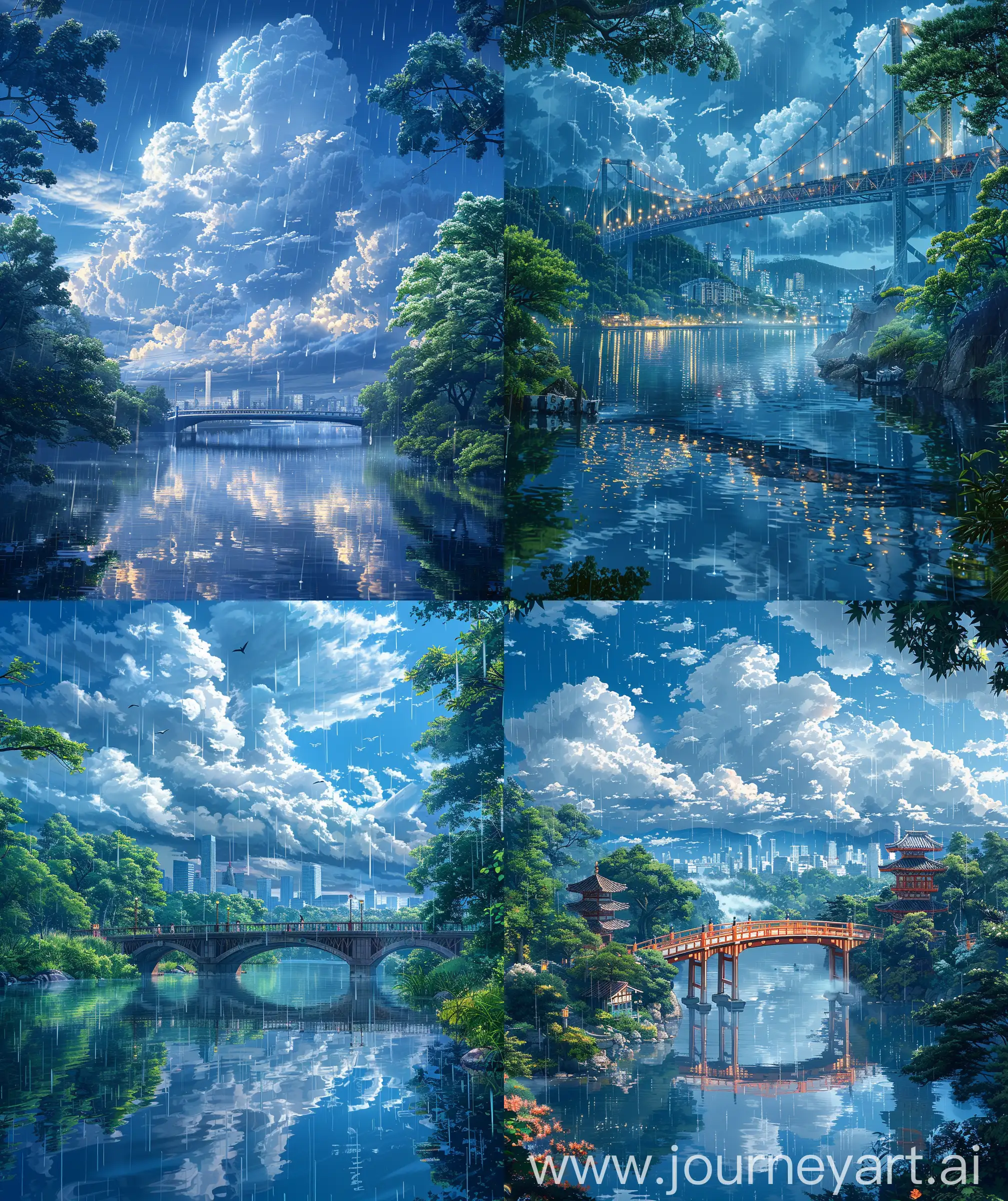 Beautiful anime view, mokoto shinkai and Ghibli style, city view, bridge, water reflection, beautiful blue sky, rain after sky, white and gray clouds around, beautiful atmosphere, illustration, ultra HD,beautiful, high quality, sharp details, anime scenary, no hyperrealistic --ar 27:32 --s 1000