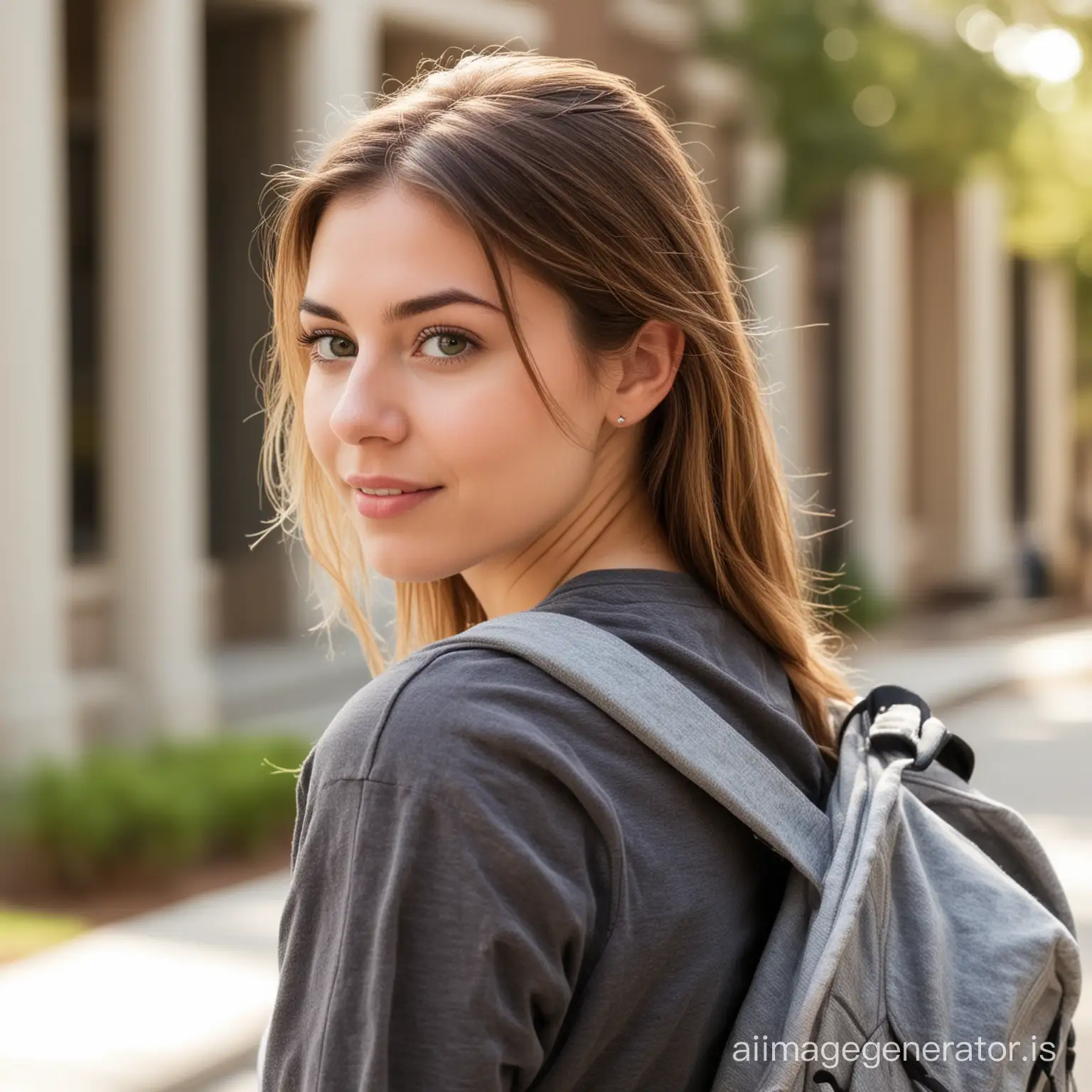 Beautiful white female college student looking back