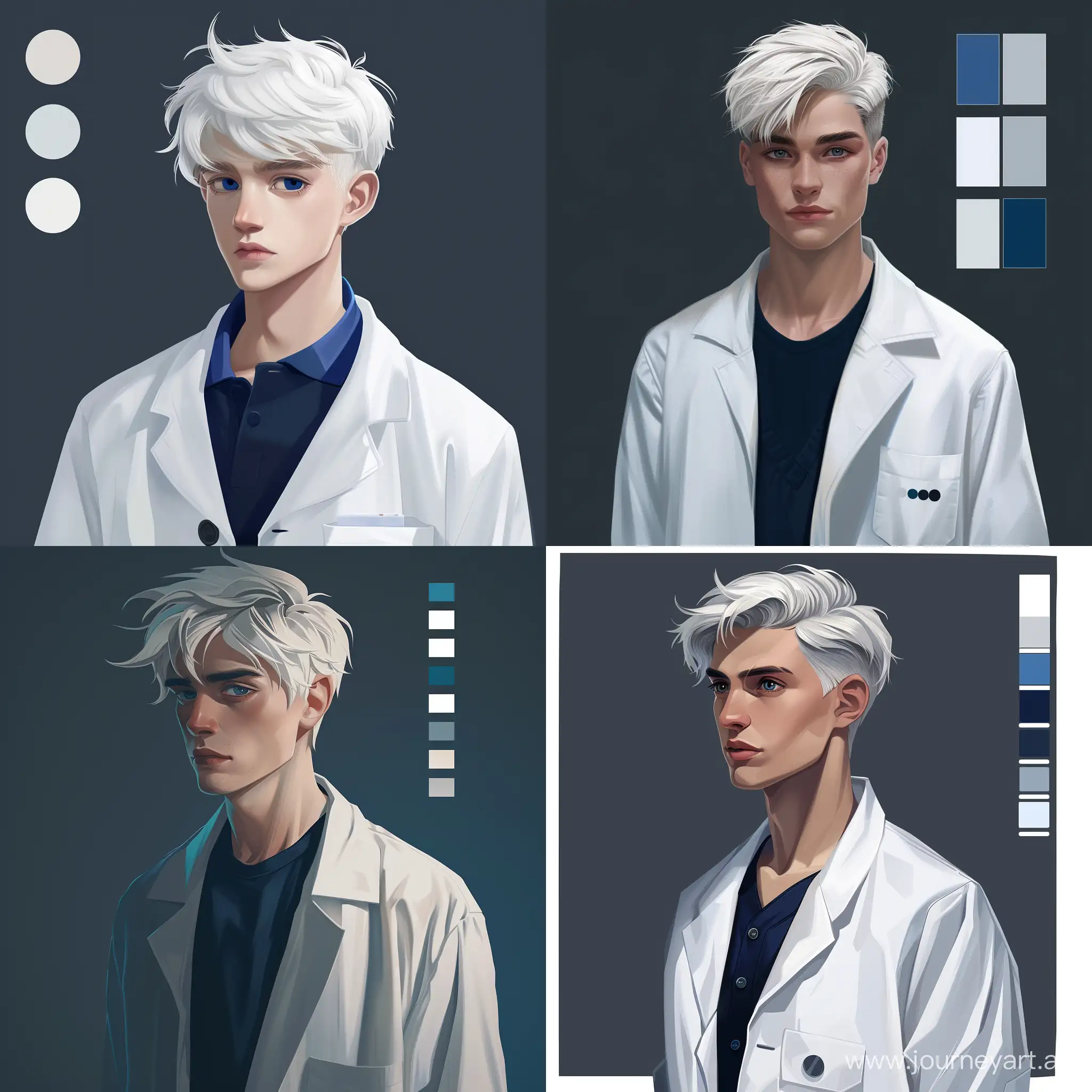 realistic male Vtuber avatar. Short white hair with a lab coat. Color palette: white, blue, dark grey

