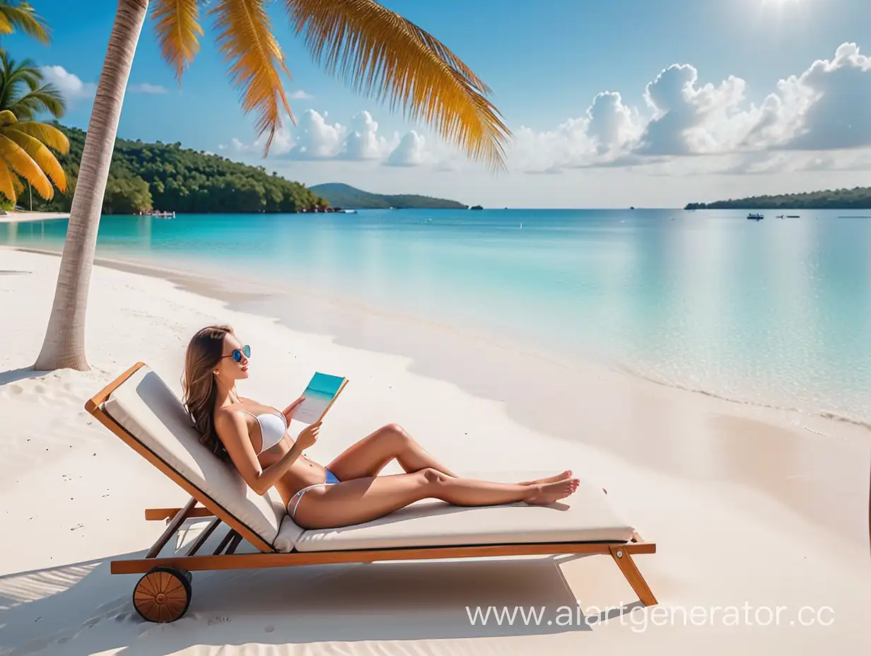 Beautiful white sand beach and a luxurious lady on a sun lounger