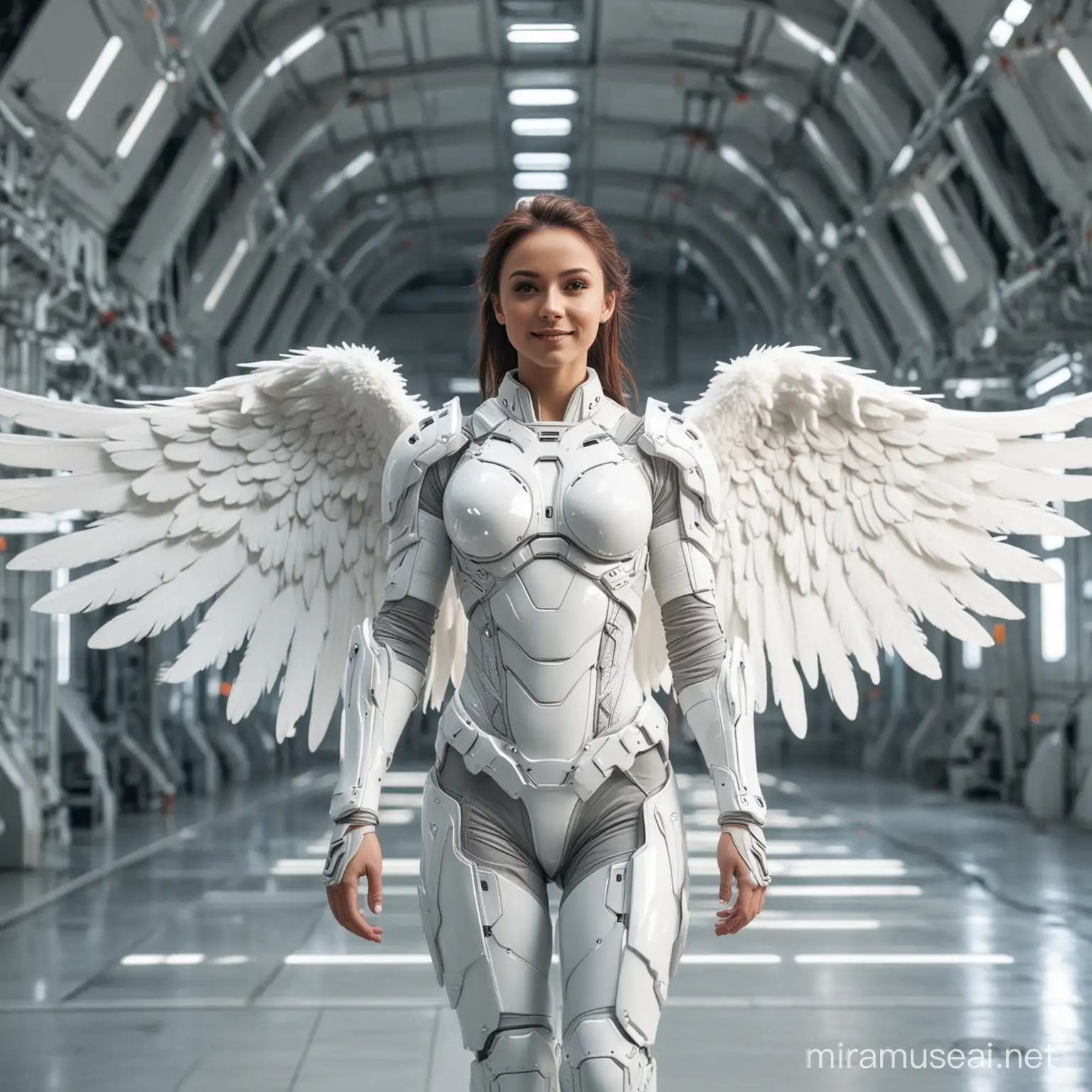 cheerful muscular female angel with futuristic white armor, large white wings, beautiful hands, standing in a large hall of a space station