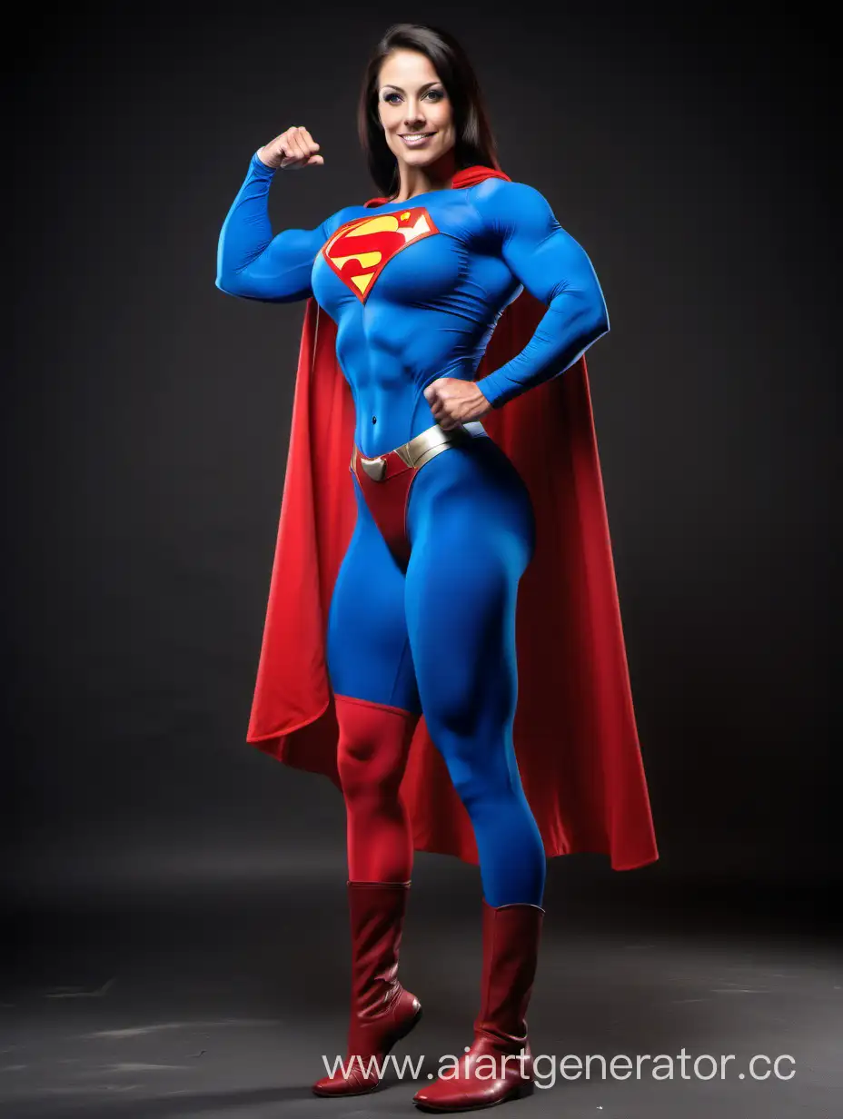 A beautiful woman with dark hair, age 28, She is happy and muscular. She has the physique of a champion bodybuilder. Her muscles are huge and overdeveloped. She is wearing a Superman costume with (blue leggings), (long blue sleeves), red briefs, red boots, and a long cape. The symbol on her chest has no black outlines. She is posed like a bodybuilder, flexing her muscles, strong and powerful.