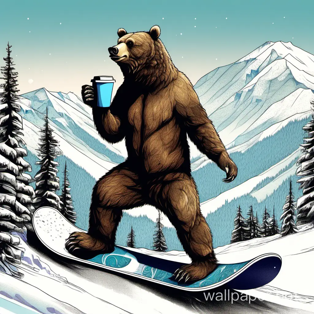 grizzly bear with coffee cup on snowboard