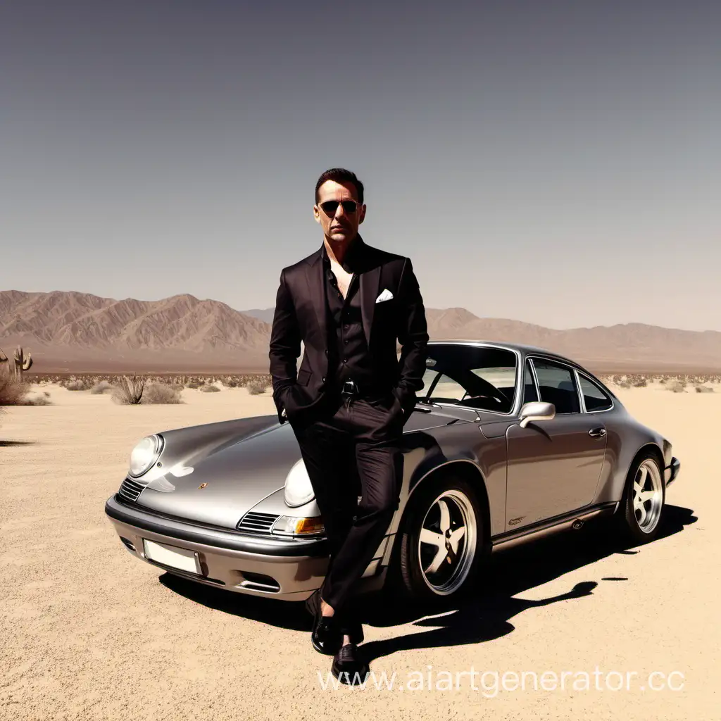 Fashionable-40YearOld-American-Man-Posing-with-Porsche-911-in-Desert-Landscape