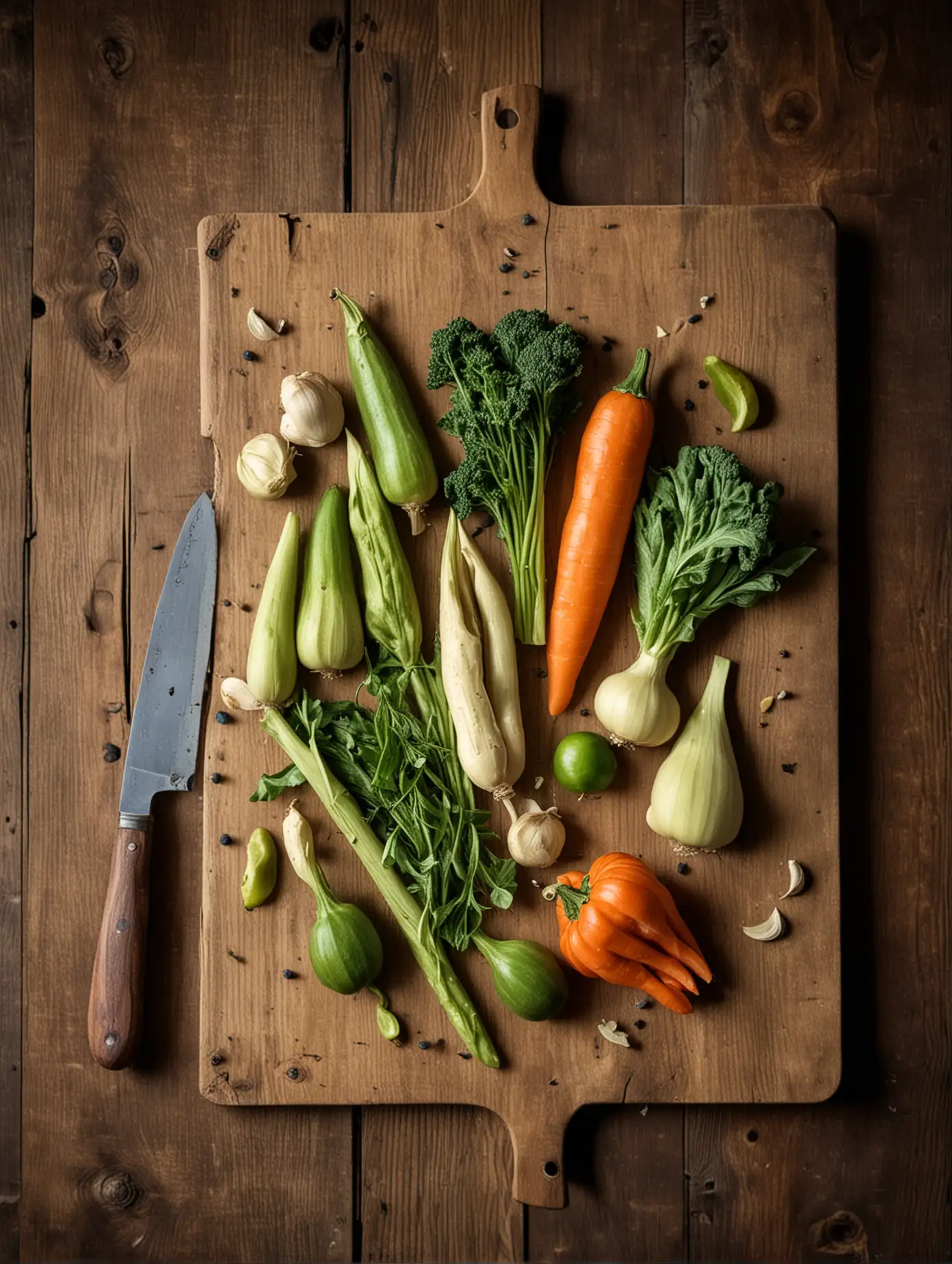 create a still life vertical image of some loose vegetables in the style of Cooks Illustrate magazine cover with a antique knife on a country wooden table top