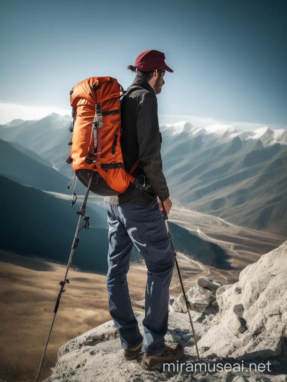 фото, геолог в горах с рюкзаком 
