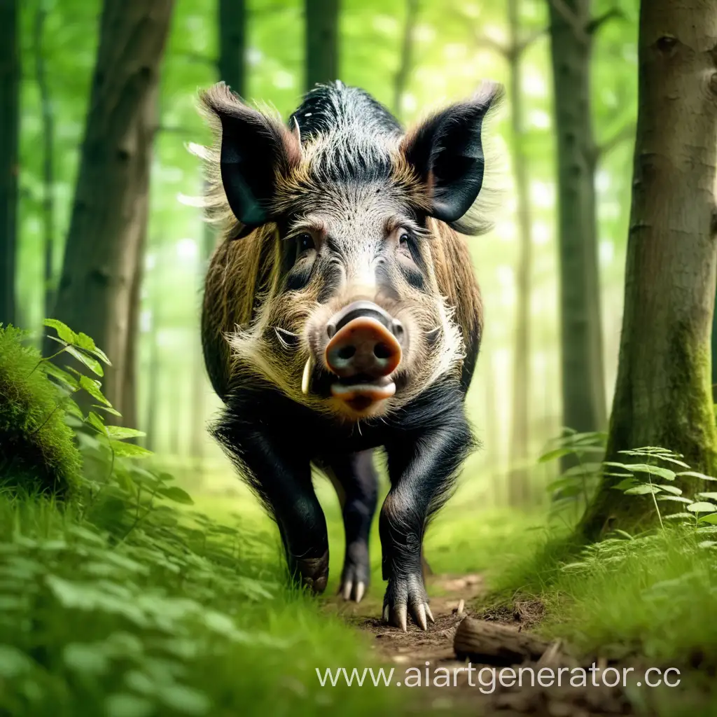 wild boar with tusks in the green forest