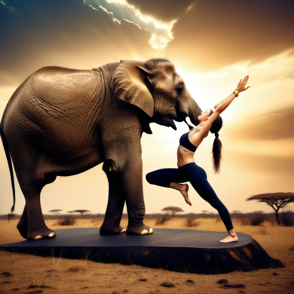Spiritual Woman Practicing Yoga on African Elephant with Gold