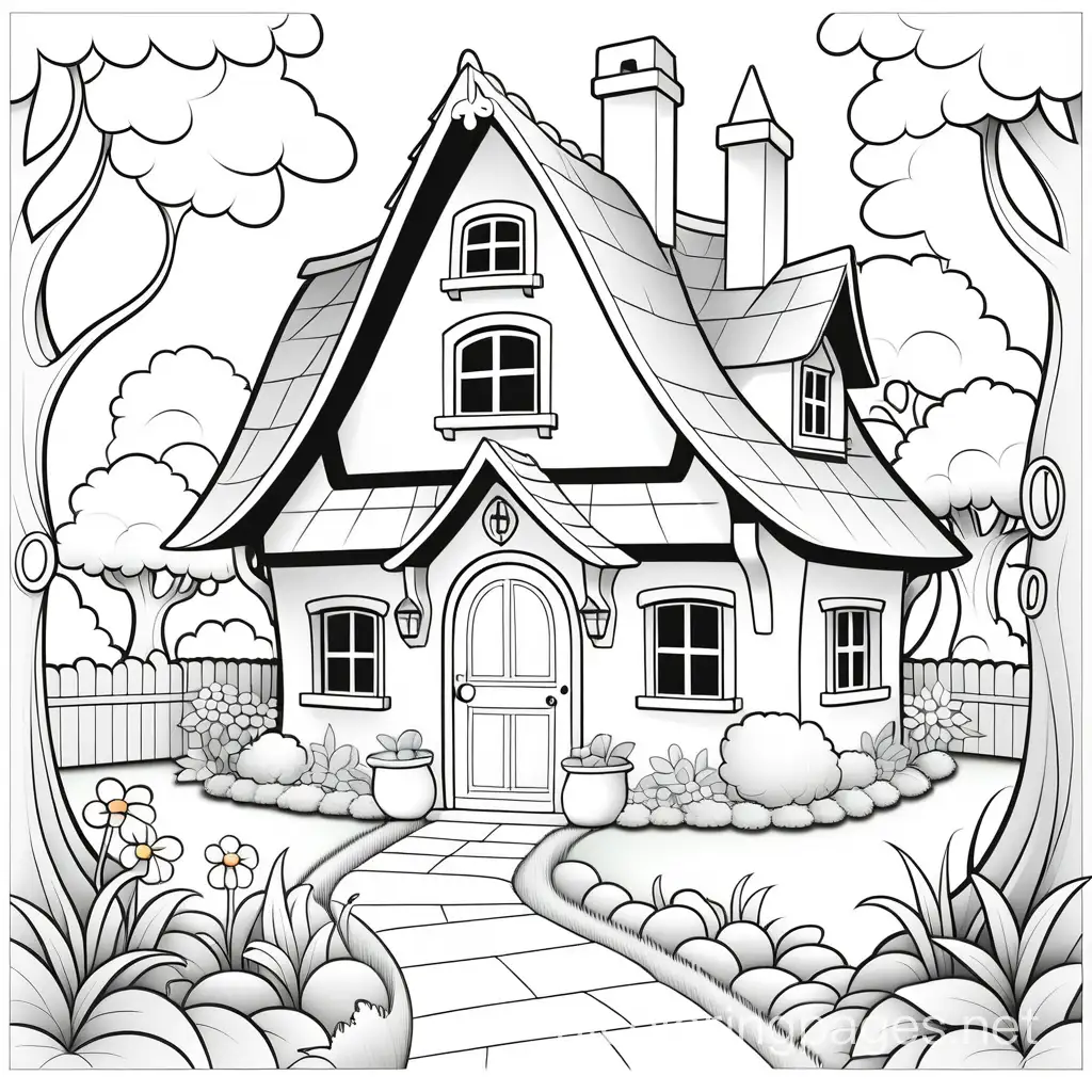 Fairytale cottage, Coloring Page, black and white, line art, white background, Simplicity, Ample White Space. The background of the coloring page is plain white to make it easy for young children to color within the lines. The outlines of all the subjects are easy to distinguish, making it simple for kids to color without too much difficulty