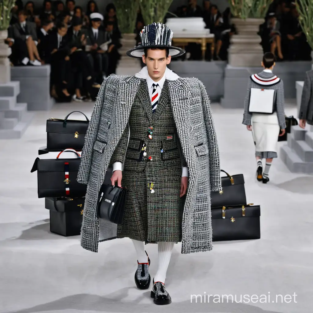 thom browne couture streetwear fashion collection. Should include tweed, and avant garde and playful details, in the streetwear collection