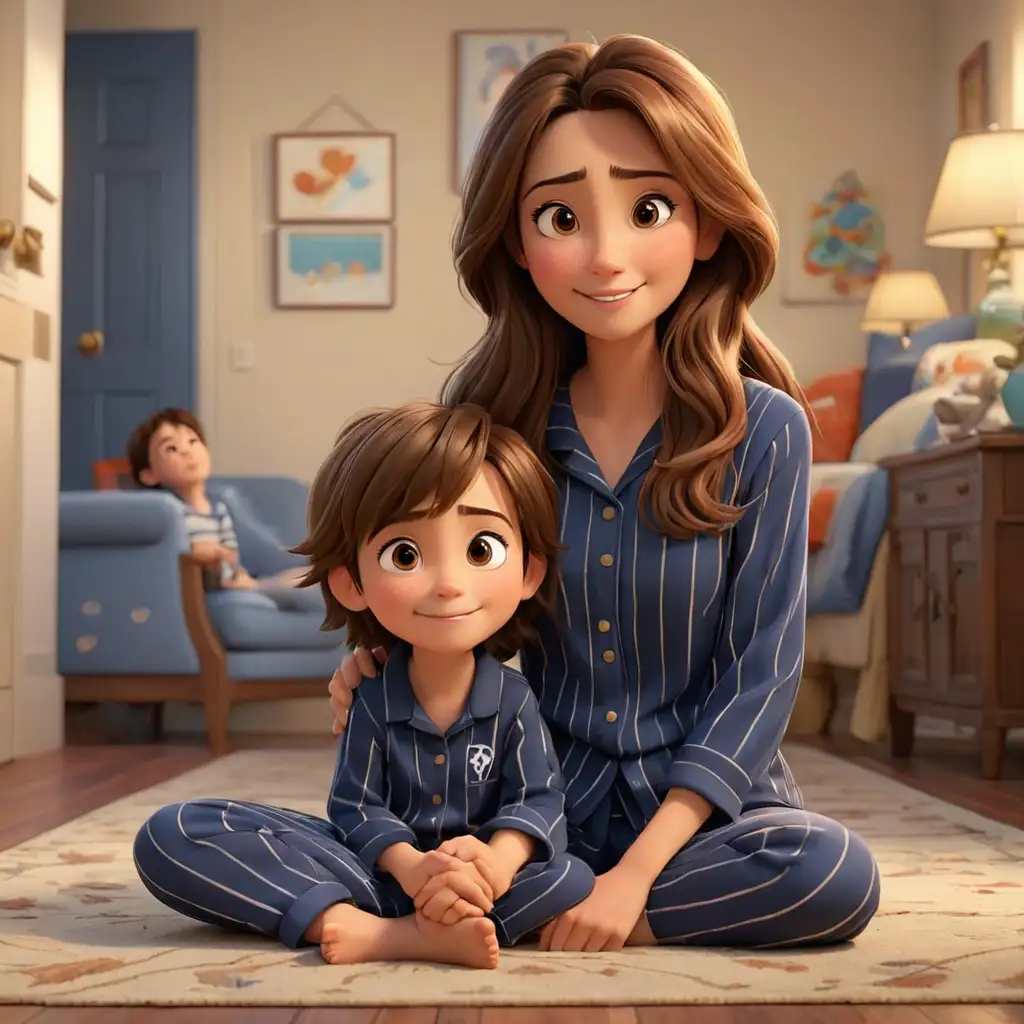 Disney pixar theme, 3d animation, beautiful mom, long straight brown hair and brown eyes, sitting happily on floor holding hands with son, brown hair and brown eyes, wearing navy blue stripe pajamas