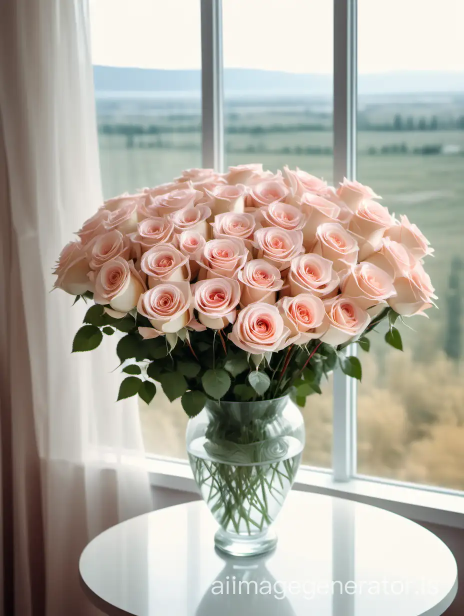 A huge bouquet of delicate roses in a glass vase, standing on the table, room, large window with a beautiful landscape