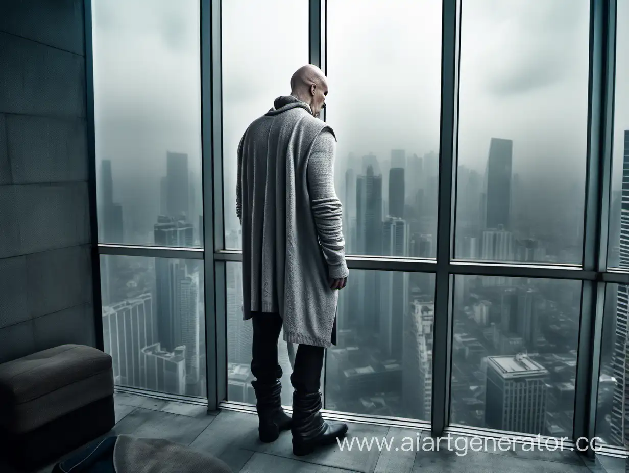 a white bald man wearing a grey cardigan, short pants and boots of rick owens, looking from a bedroom of an apartment of a high skyscraper on a city like in blade runner.  show full body. hands n pockets. daytime. very detailed, 4K HQ, depth of field, f/1.2, Leica, 8K HDR, High contrast. Subject: The Human-to-background ratio is visually striking at 1:20
