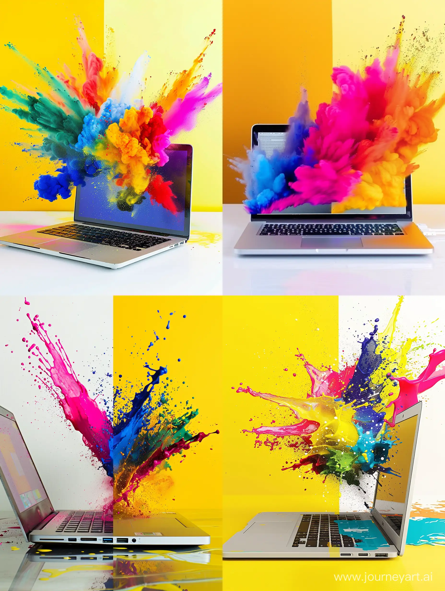 I need a picture that shows a laptop with a booming of colours getting of  from in side the laptop with , and we see the laptop from 45 degree with a white and yellow background for the picture to show the importance of graphic design 