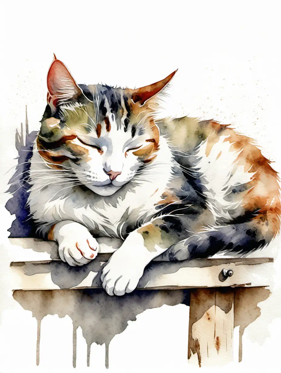 Vintage Rustic, cat sleeping, Watercolor with a white rustic background