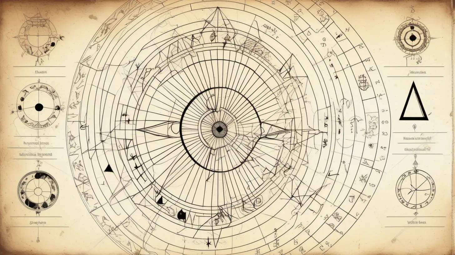 an astrological wheel with 2d black geometric shapes, triangle