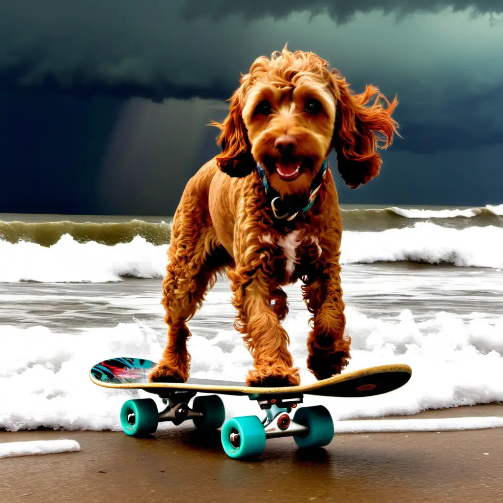 cockapoo on beach skateboarding in the storm
