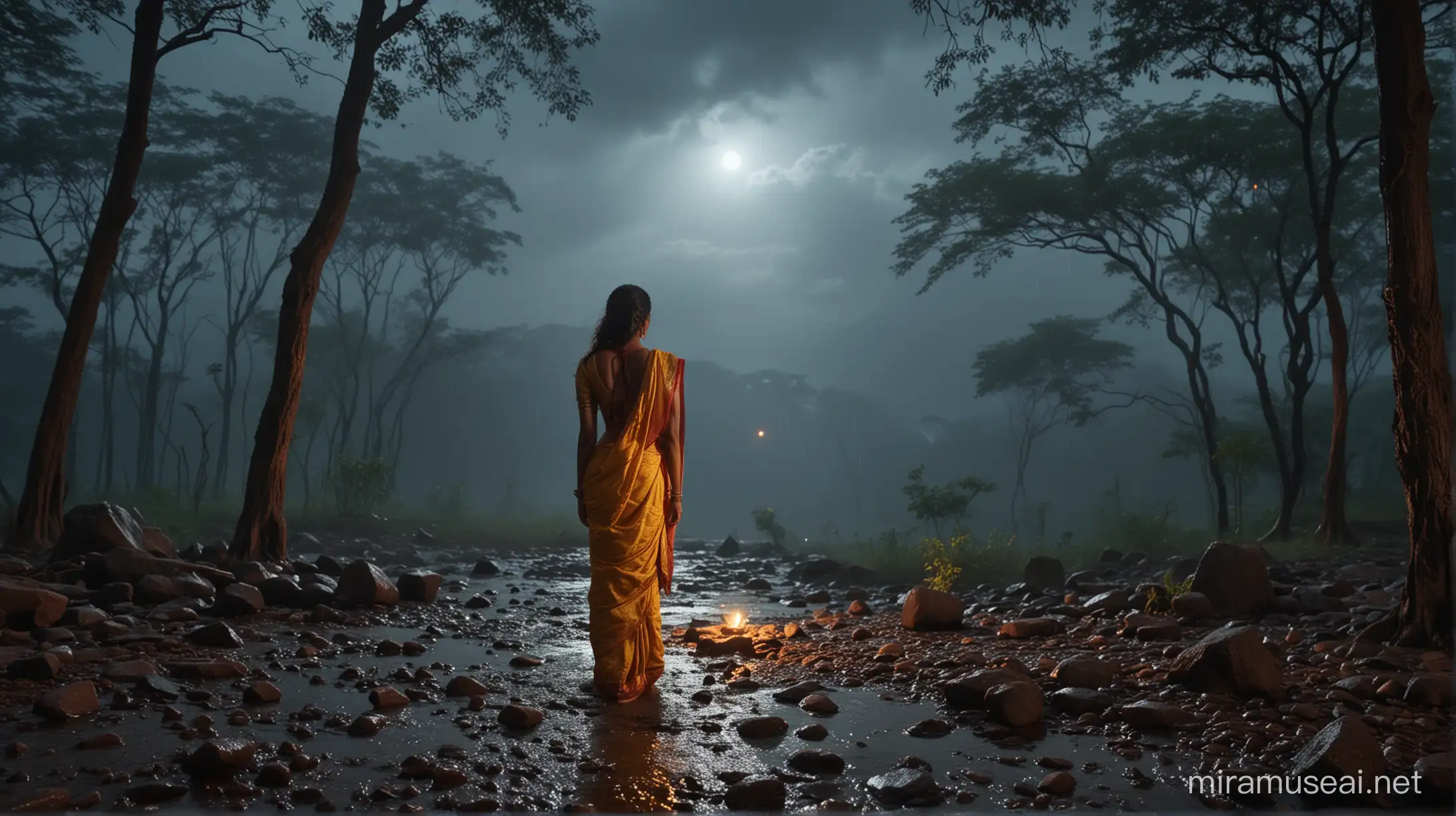 Cinematic Extreme wide full shot of Oval shaped tall Red colored Stone with eyes like Kali Matha ( Ammoru ) in a dense forest during rainy and heavy stormy night. She is worshipped by a young woman with wavy hair, wearing a yellow saree. Her saree is flowing due to the heavy wind. Thunder is hitting the trees behind and sky and clouds are lit by blue moon light. The stone is shining because of the diya in front of it, a foggy and smoky background. High contrast, high saturation. Shot on IMAX 70mm. Event is reflected in the water on the muddy ground due to the rain. Dramatic background