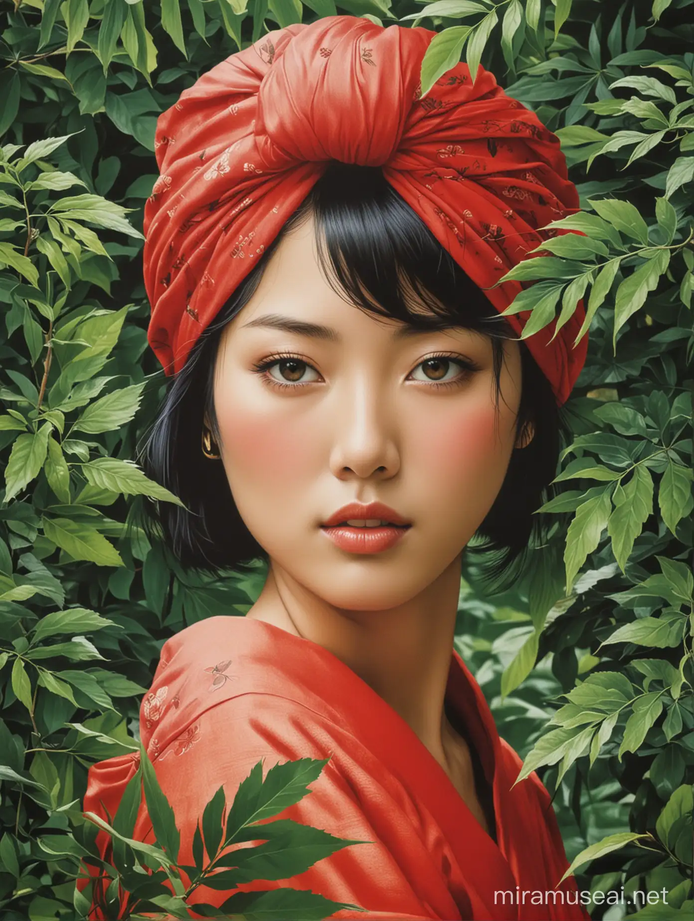 Japanese Poster Girl with Black Hair and Red Turban Covered by Green Leaves