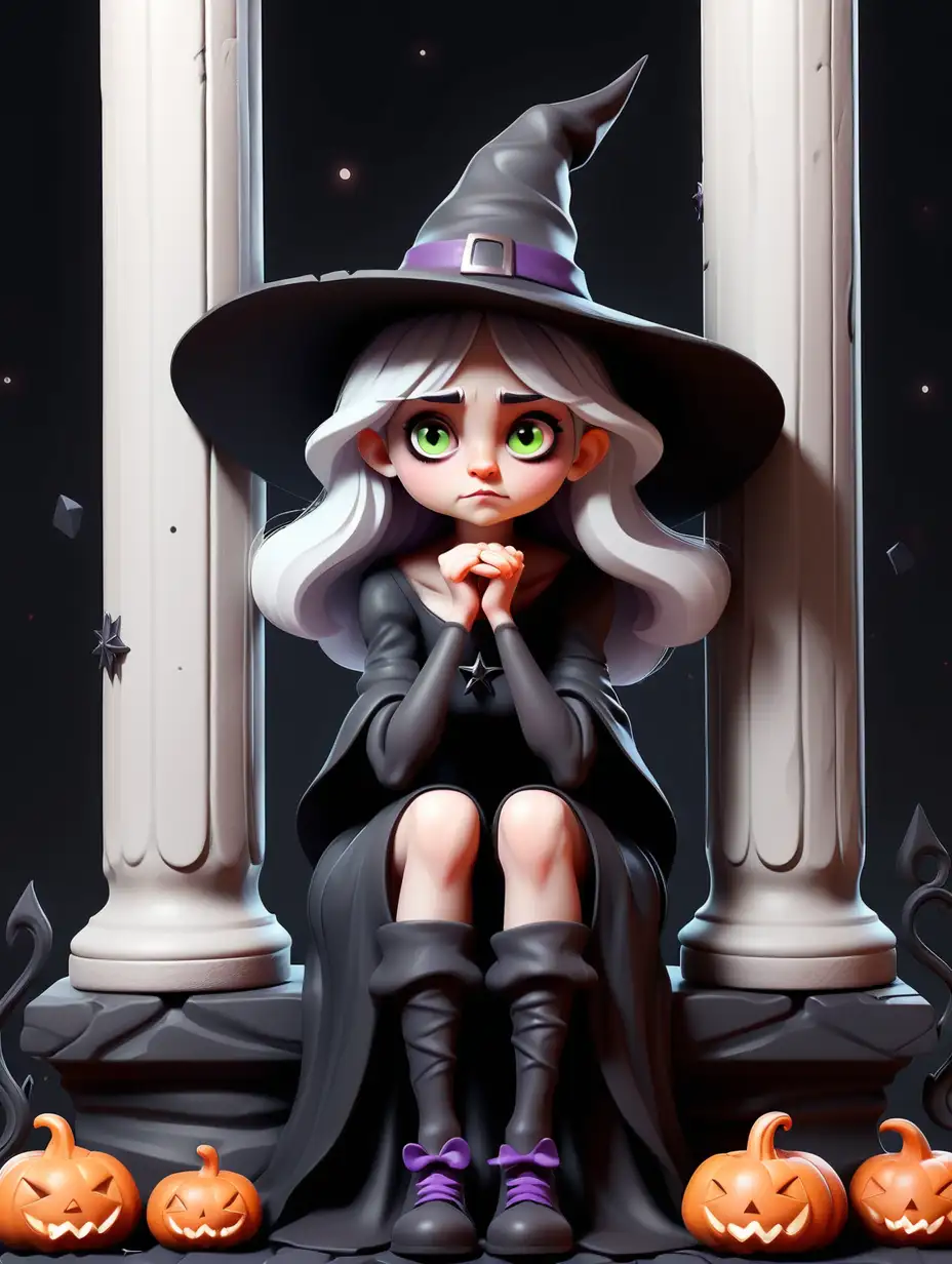 old cute witch mystical background, sitting, a black pillar  and a white pillar on each side
