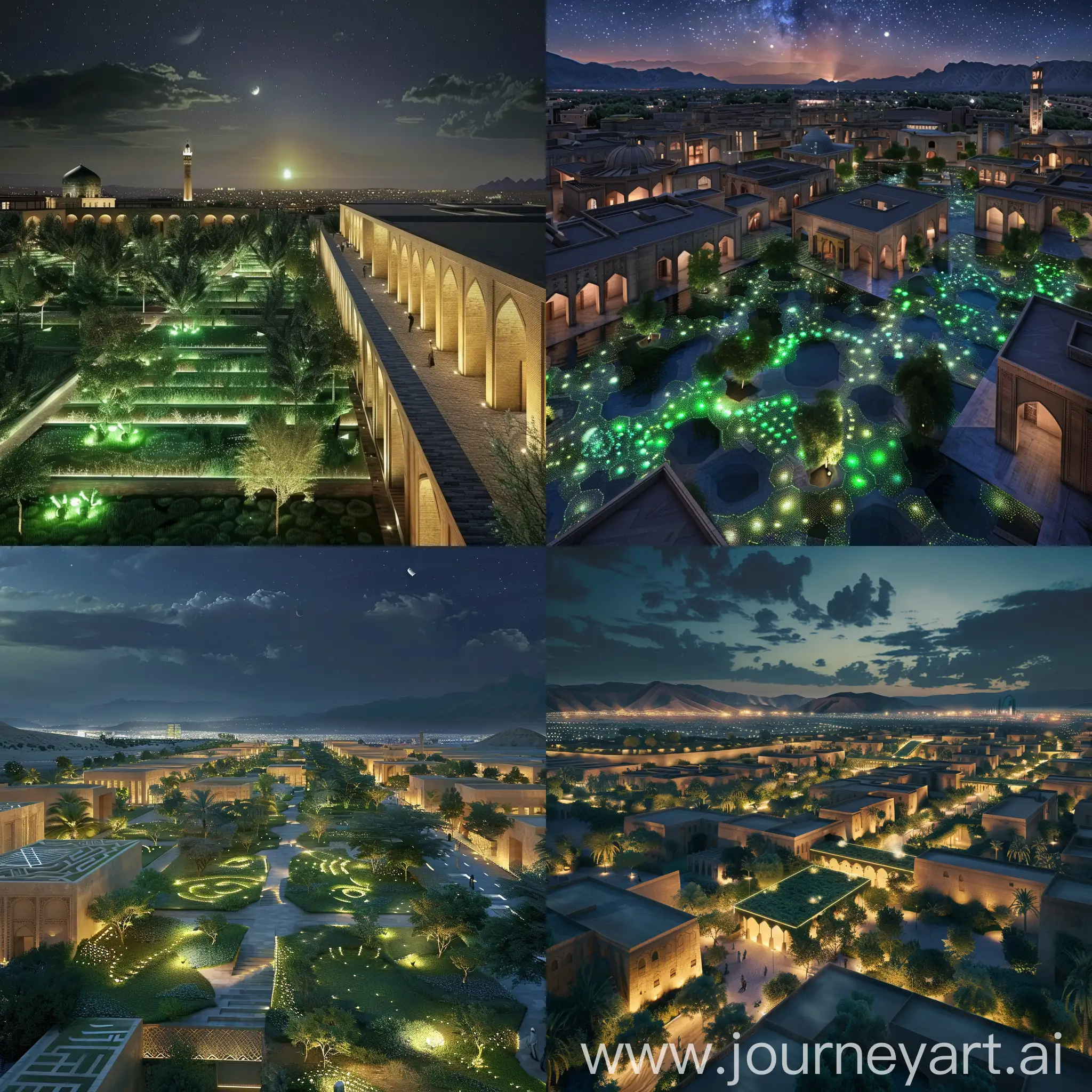 یک عکس از آینده شهر یزد با فضای نورانی سبز رنگ و شب