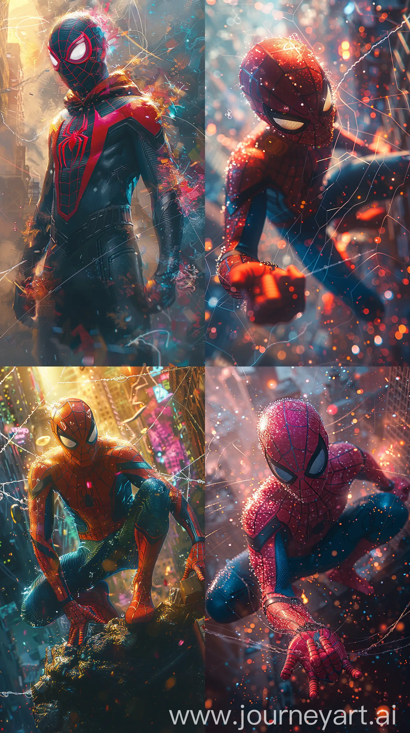 Spider-Man traversing the multiverse, dynamic action pose, across the Spider-Verse aesthetic, richly textured webs swirling, kaleidoscopic cosmic backgrounds, vibrant neon colors, urban skyline silhouette, comic book style, energy and motion blur effects --ar 9:16 --s 750 --v 6