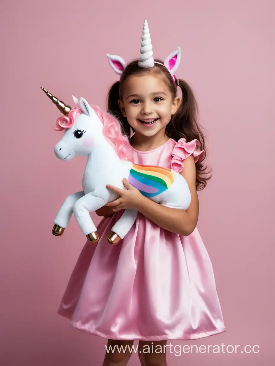 happy little girl in pink dress holding a unicorn toy