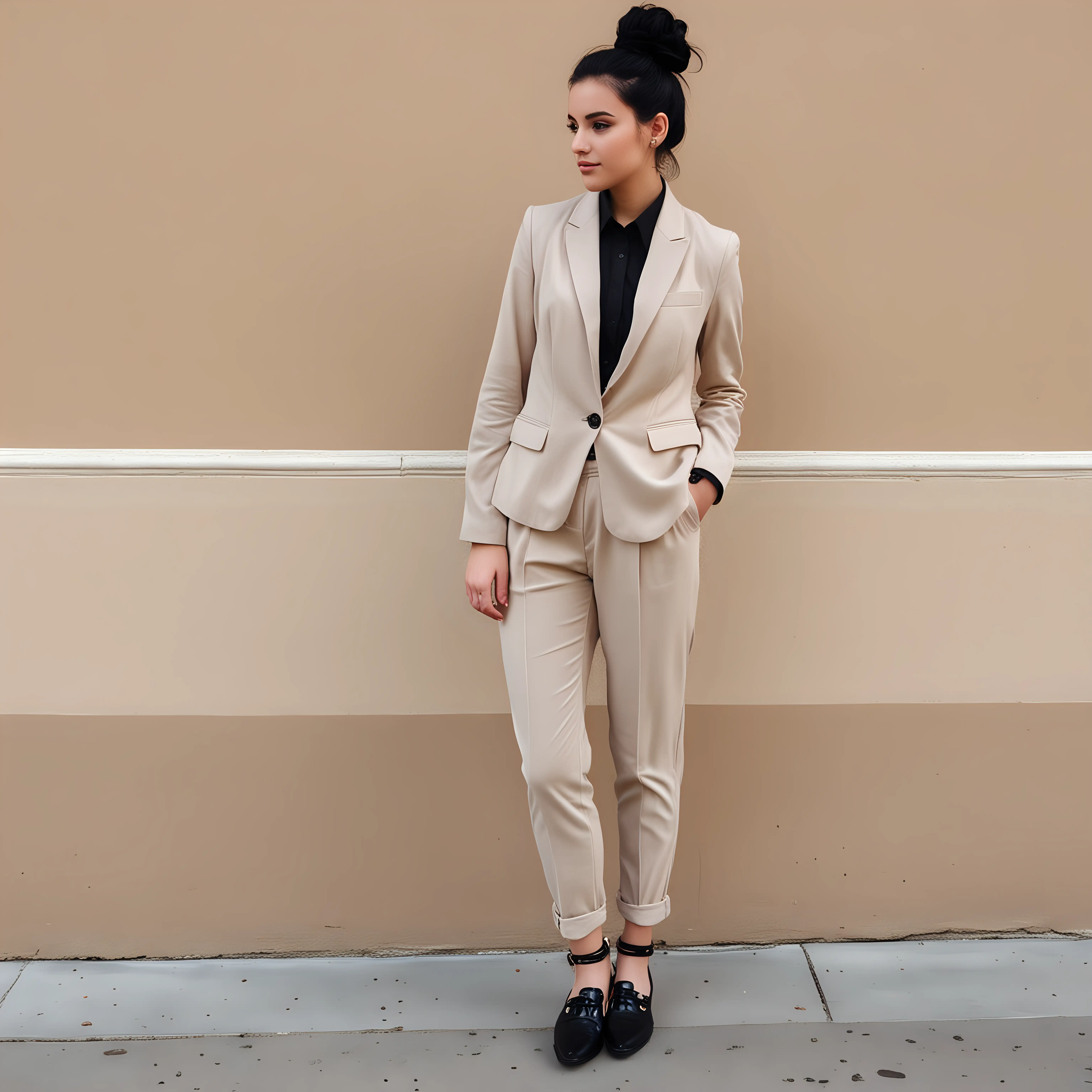goth emo teenage girl with black hair in a bun wearing a neutral color tailored outfit and blazer, fancy pants and professional blouse for a job interview. should look like a teen girl full body outfit with closed toe flats for shoes.