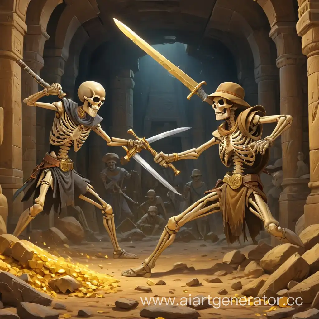 нарисованный фон в стиле египетской гробницы с  кучками золота. Скелет и индиана джонс дерутся на мечах
