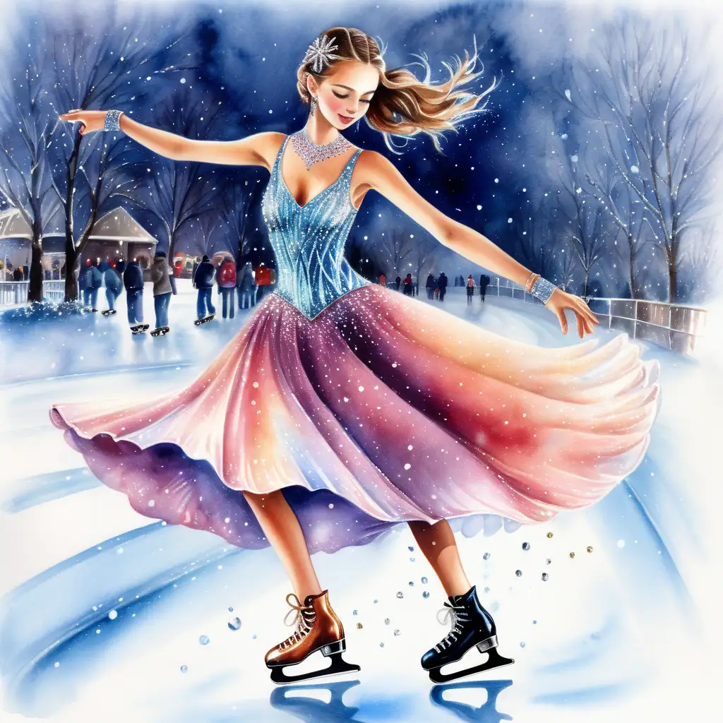 Elegant Girl Ice Skating in Sparkling Dress Watercolor Portrait