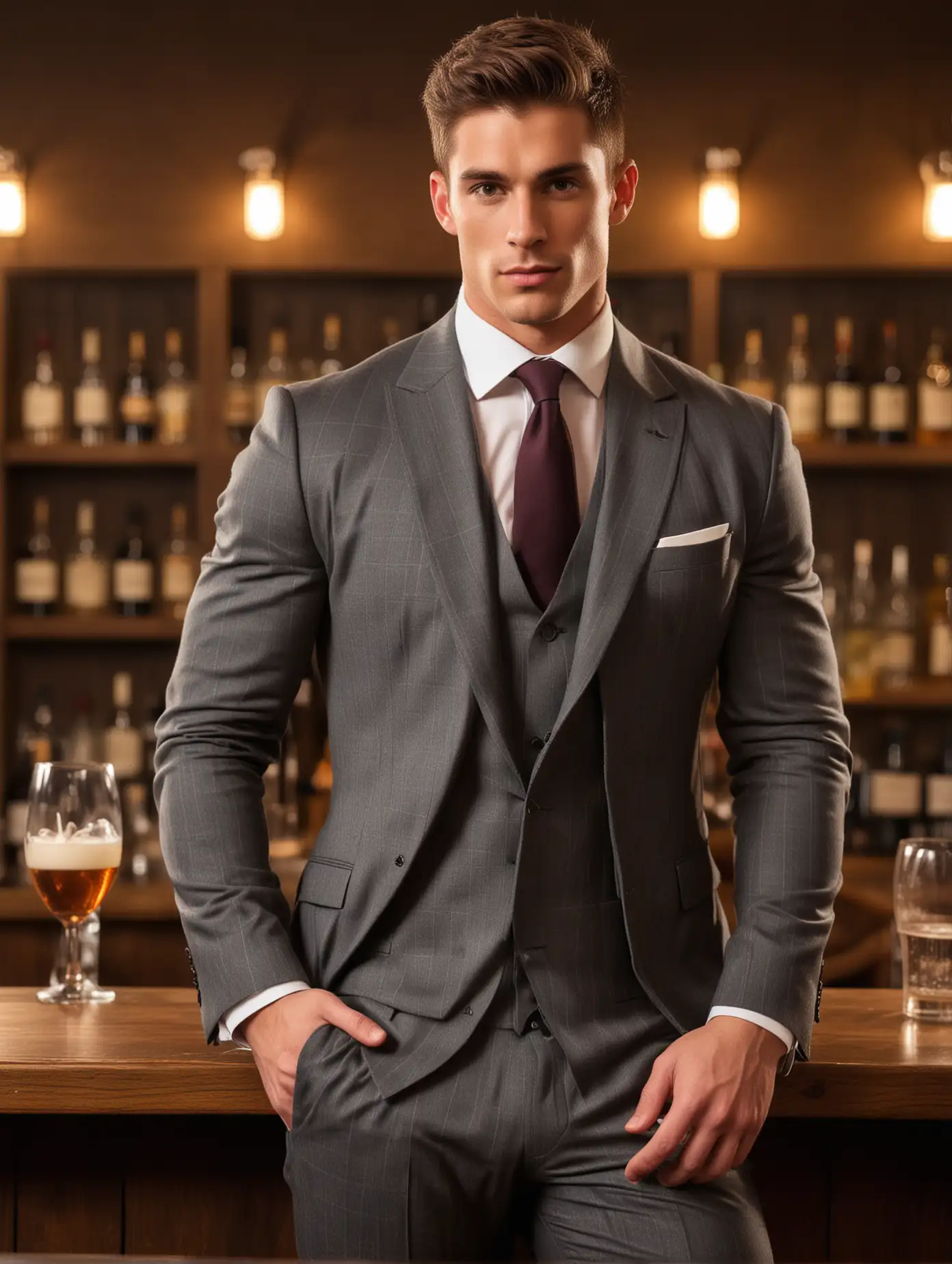 British, gorgeous suit, sexy muscular male model in the bar,
Full body shot, soft lighting, warm colors, soft shadows, professional portrait photography,
Natural makeup, perfect figure, beautiful and confident
