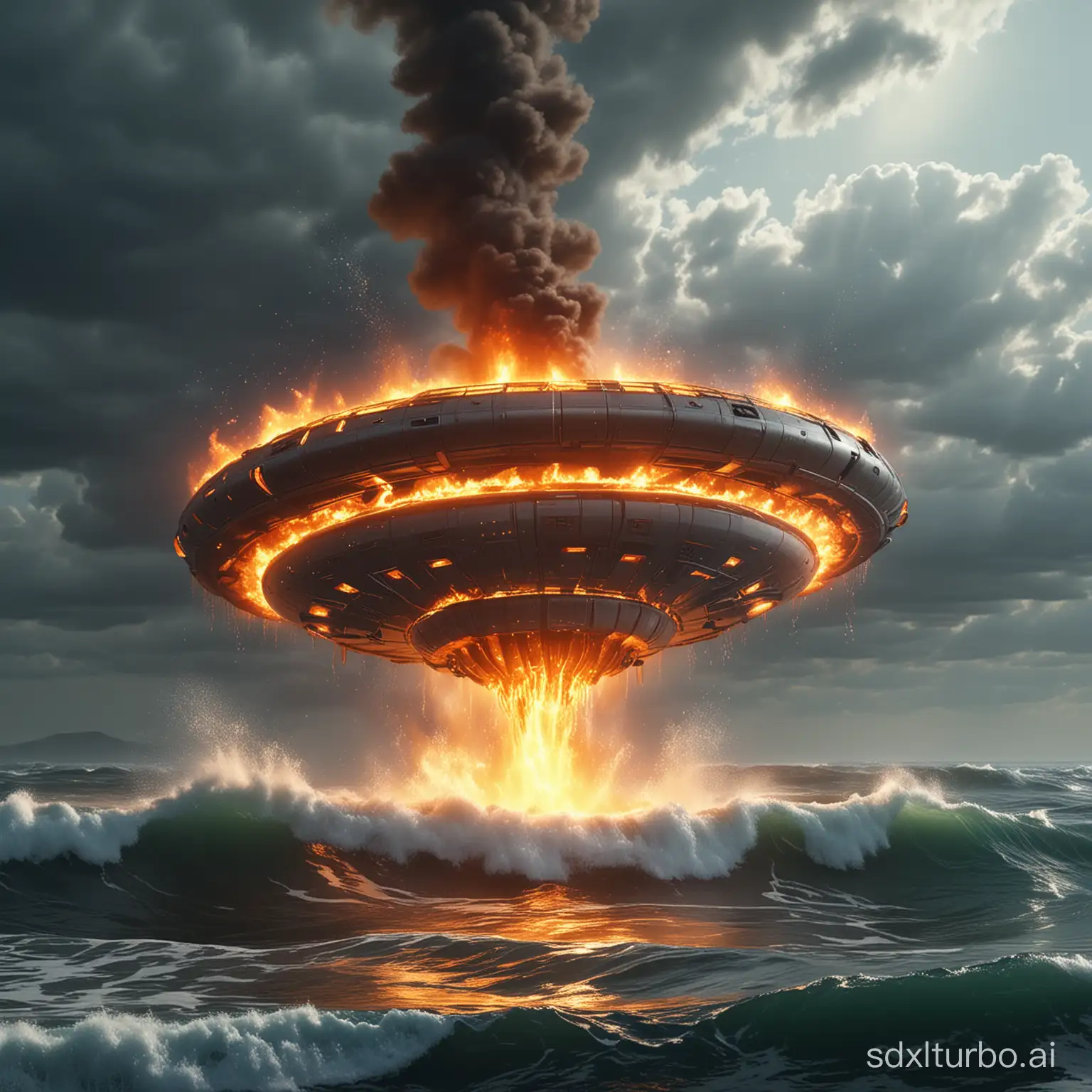 Cinematic footage, there is a burning UFO in the sea, raging flames, turbulent waves, clear details, realistic style, and ultra-high-quality pictures