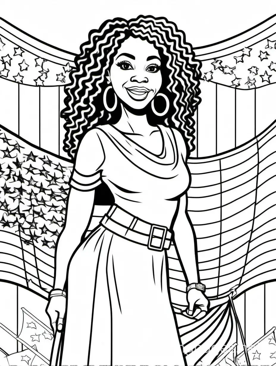 Pretty black woman  Fourth of July , Coloring Page, black and white, line art, white background, Simplicity, Ample White Space. The background of the coloring page is plain white to make it easy for young children to color within the lines. The outlines of all the subjects are easy to distinguish, making it simple for kids to color without too much difficulty