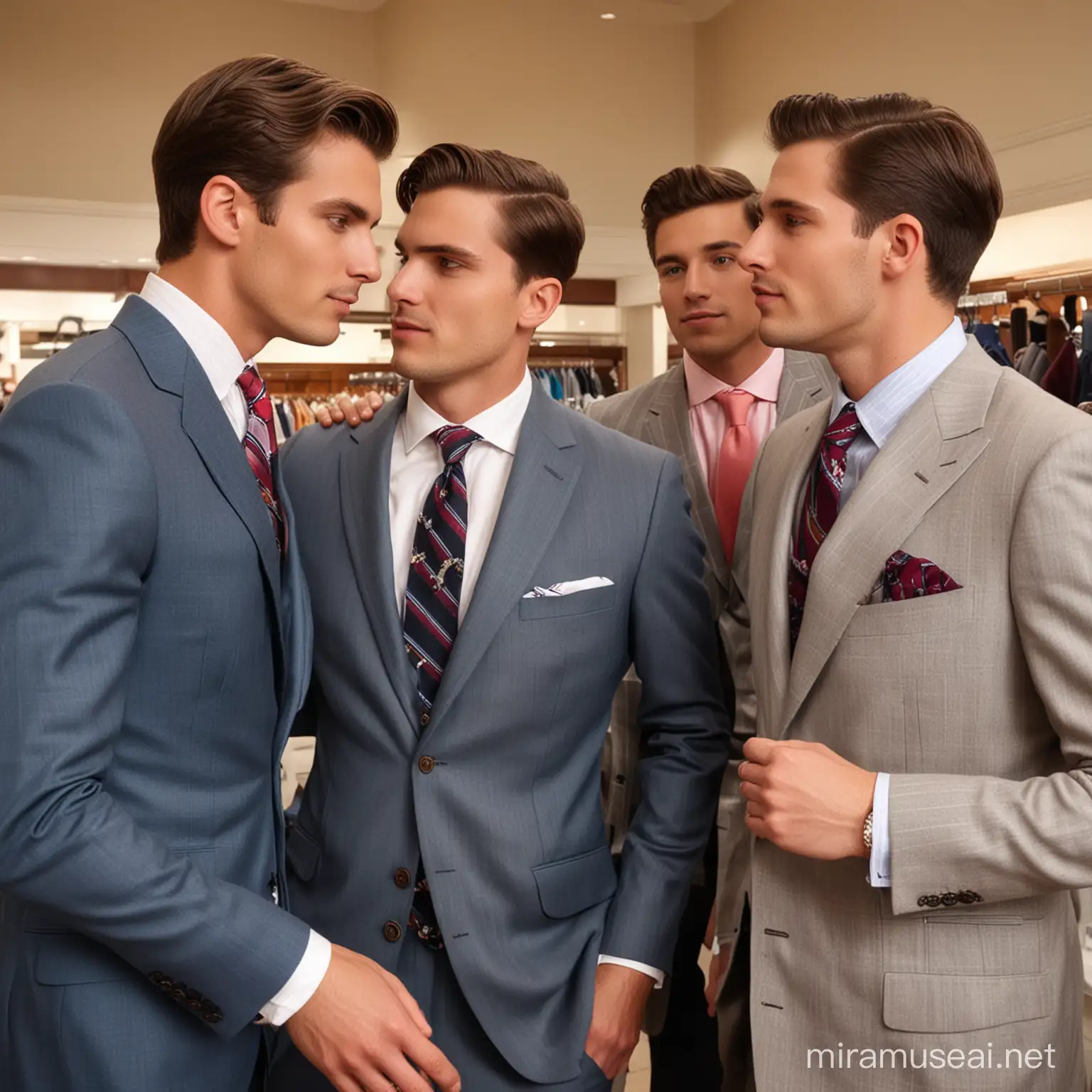 four men trying a new suit and tie, flirting, kissing, in a menswear store, Brooks Brothers, technicolor
