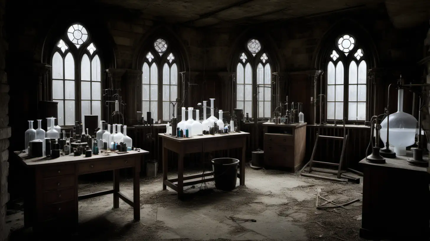 Victorian basement laboratory, vials, cylinders, desks, gas lamps, high window, wood panelling, stone floor, cobwebs, dusty, disused, one gothic style window