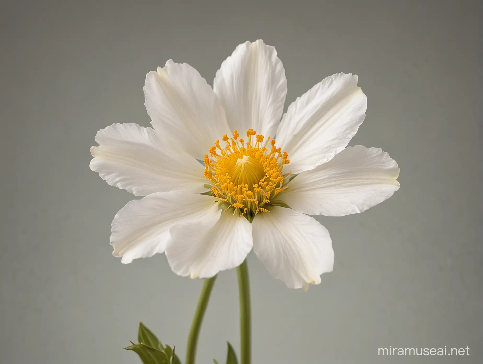 This image shows one delicate white flower with a yellow center, appearing to be in full bloom. The flower is set against an isolated background. The flower has multiple petals that are thin and slightly ruffled, giving it an elegant appearance. The stem of the flower is thin and brown, with some buds that have yet to bloom. high-quality image on isolated background.