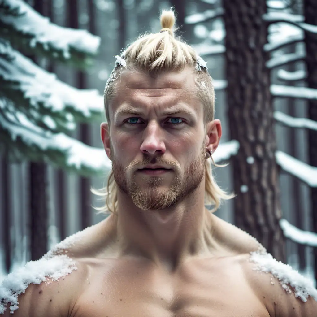 Blond Haired Viking Warrior in Winter Pine Forest