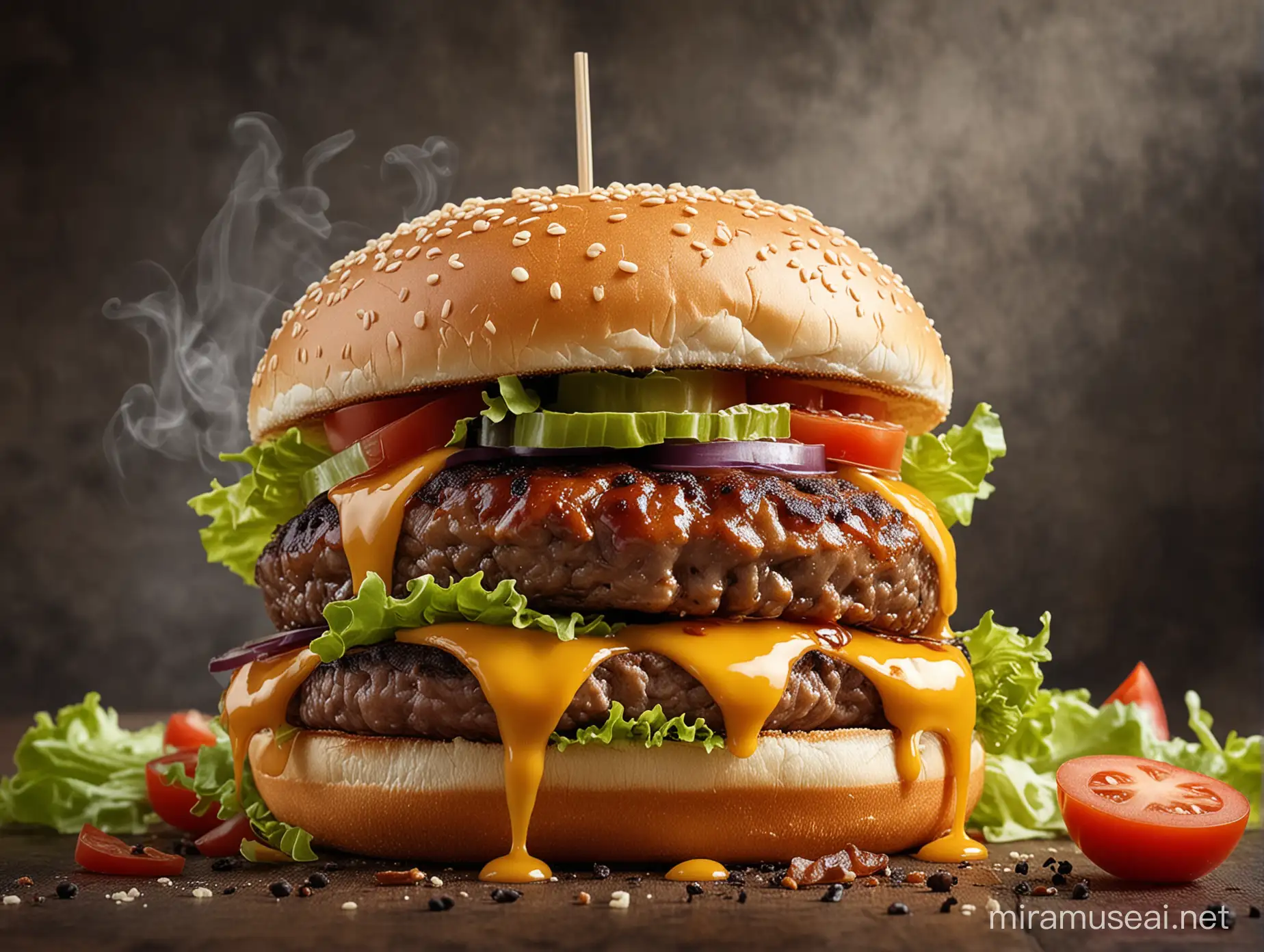 color photo of a delicious hamburger isolated on a mouthwatering background that showcases its delectable allure. The hamburger takes center stage, perfectly cooked and stacked with juicy meat, melted cheese, crisp lettuce, and fresh tomatoes. The bun is soft and golden, adding a touch of comfort to the composition. The background is designed to enhance the deliciousness of the hamburger, with vibrant colors and textures that evoke an appetite-inducing atmosphere. Perhaps there are hints of condiments, such as ketchup or mustard, dripping enticingly down the sides. This composition immerses viewers in the irresistible temptation of a mouthwatering hamburger, inviting them to savor the flavors, textures, and sheer satisfaction that comes with every bite. It is a visual invitation to indulge in the pleasure of a well-crafted burger, to satisfy cravings, and to celebrate the simple joy of enjoying a delicious meal.
