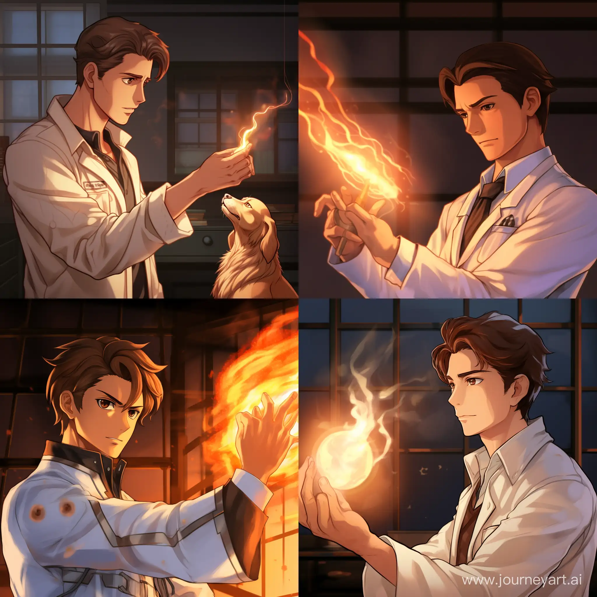 Anime style image. Man in lab coat and brown hair. He has a small flame levitating above his right hand and not touching it. He is analyzing the fire with a device that is in his other hand.