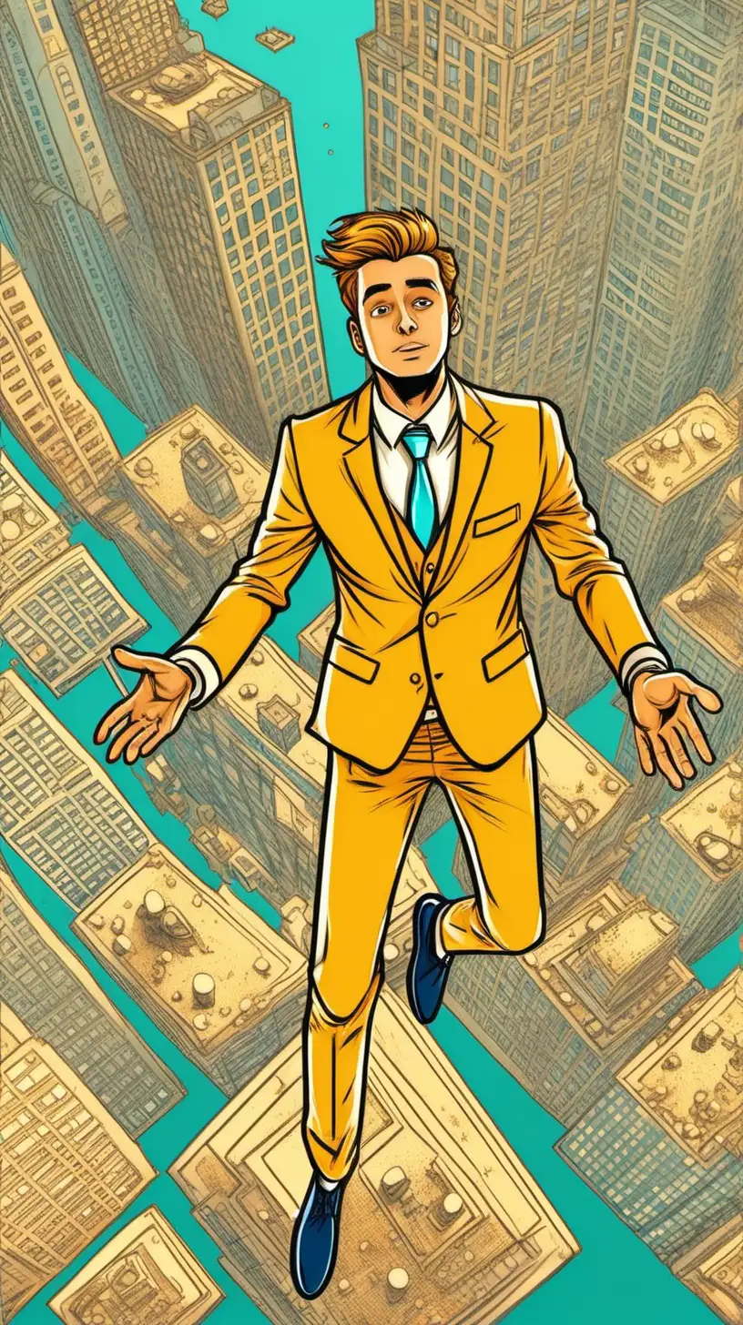 Cartoony Color:  Full Body.  From above, a young handsome man wearing  golden suit takes a selfie while falling from a great height. SImple background.   Don't cut off body part in the frame
