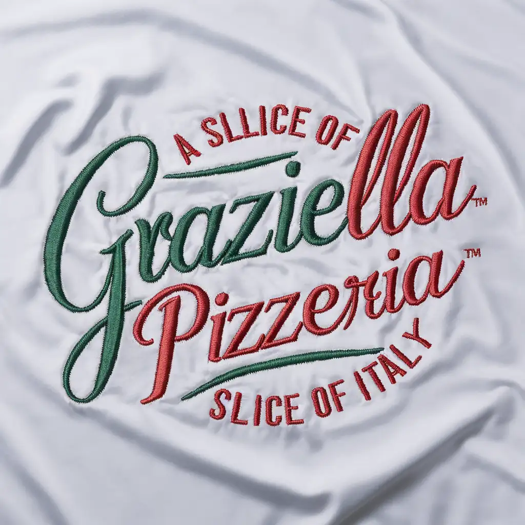 Handwriting Graziella Pizzeria logo, Italian colors, Slogan Quote Slice of Italy, White background, Embroidery cover
