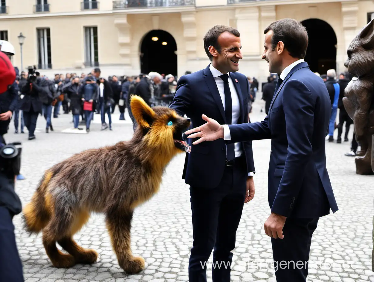 Emmanuel Macron speaks with Gabriel Attal and a furry. They are happy.