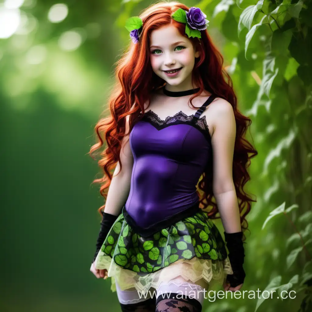 very cute petite dc comics girl tween poison ivy auburn hair green eyes skirt with stockings purple lace and  full body smiling flowers in hair