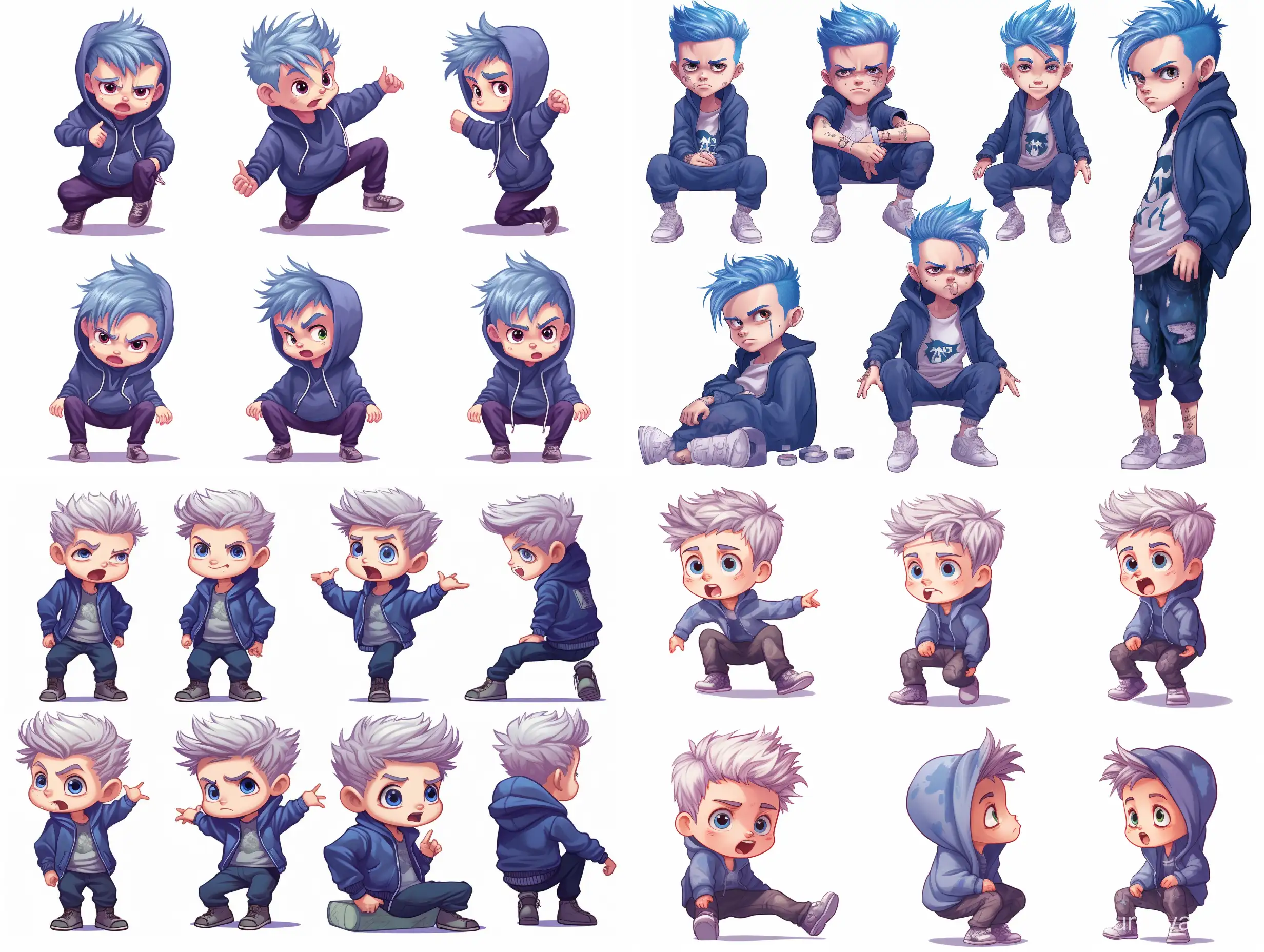cute little boy character 
antagonist, white background, multiple 
poses and expressions, cute 7-year-old boy with ripped pants, a worn-out hoodie, and blue punk hair, Watercolor, flat color, in the style of children's book, in the style of chibi, detailed