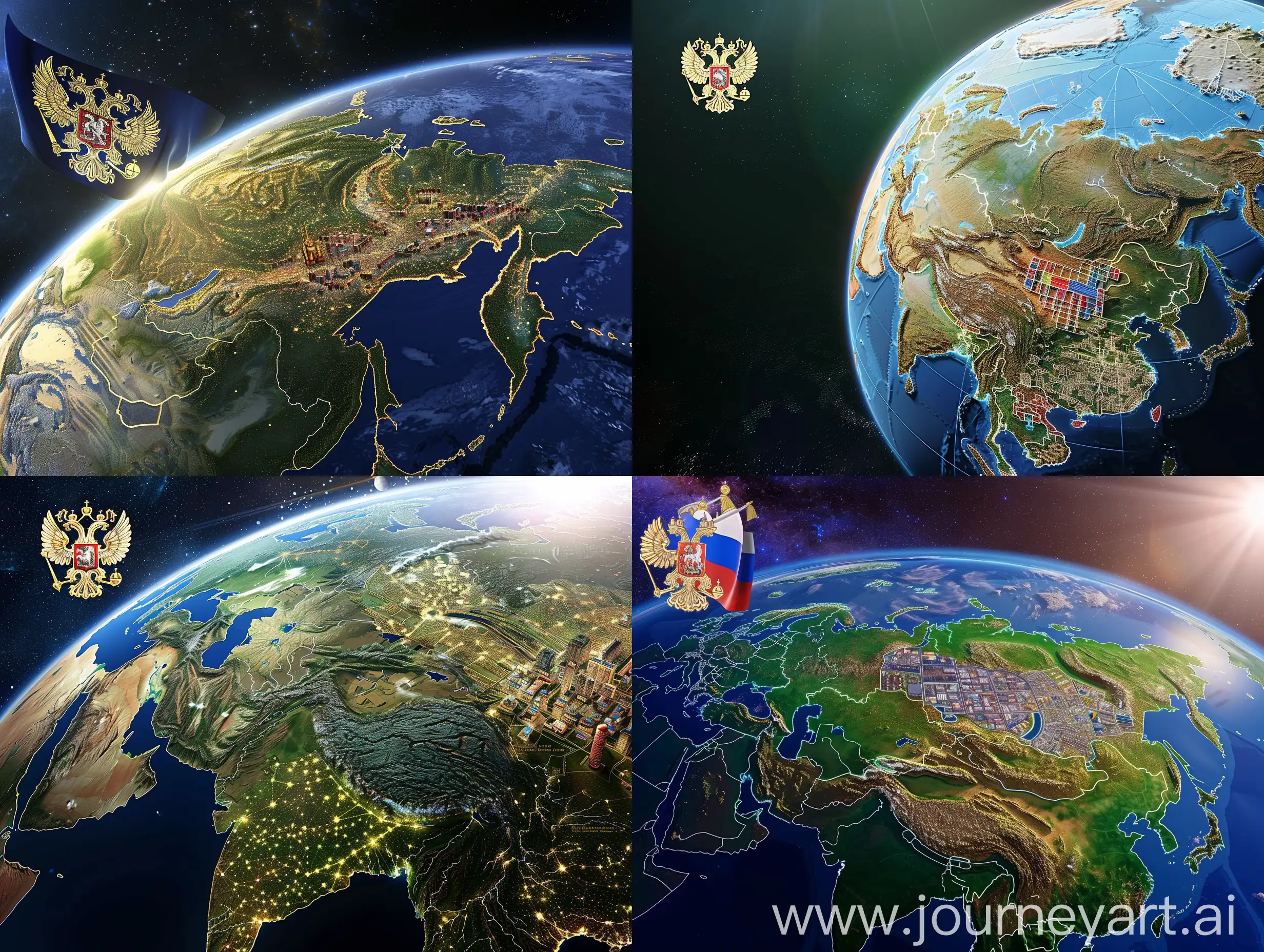 земной шар из космоса крупно, контур россии, внутри контура города, заводы, поля, и флаг россии, герб россии над землей слева