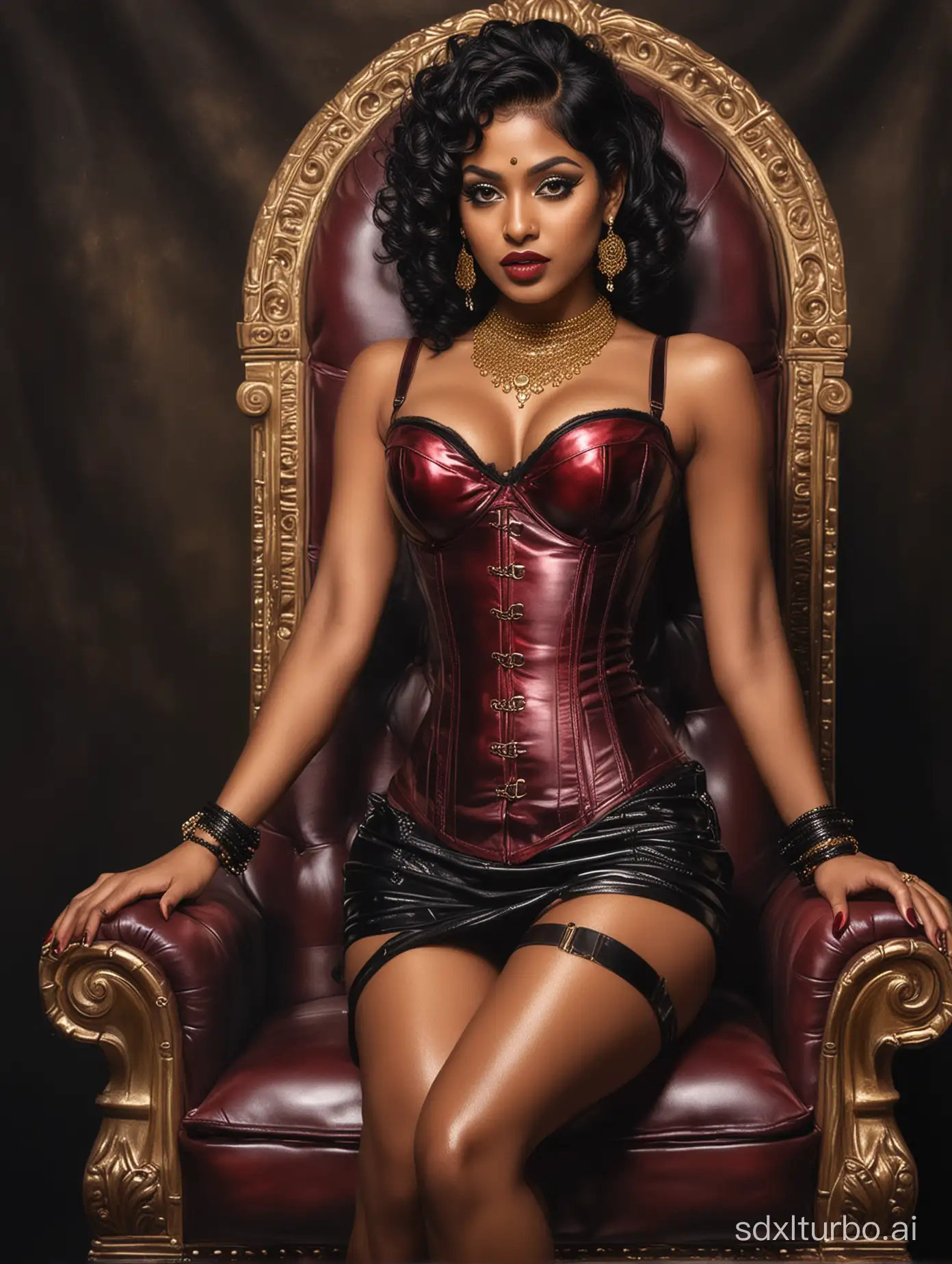 Hyper-Realistic-Oil-Painting-South-Indian-Tamil-Dommy-Mistress-in-Leather-Corset-Throne-Portrait